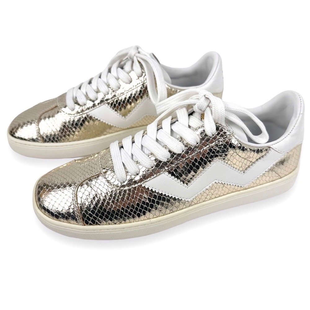 Stuart Weitzman Daryl Metallic Snake Embossed Leather Sneaker Gold Size 7.5B
